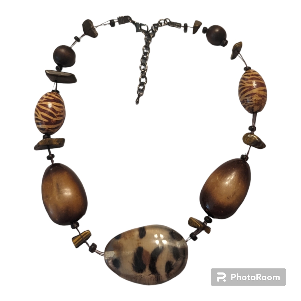 Vintage Large Wood & Acrylic Beaded Antique Brass Adjustable Choker Necklace